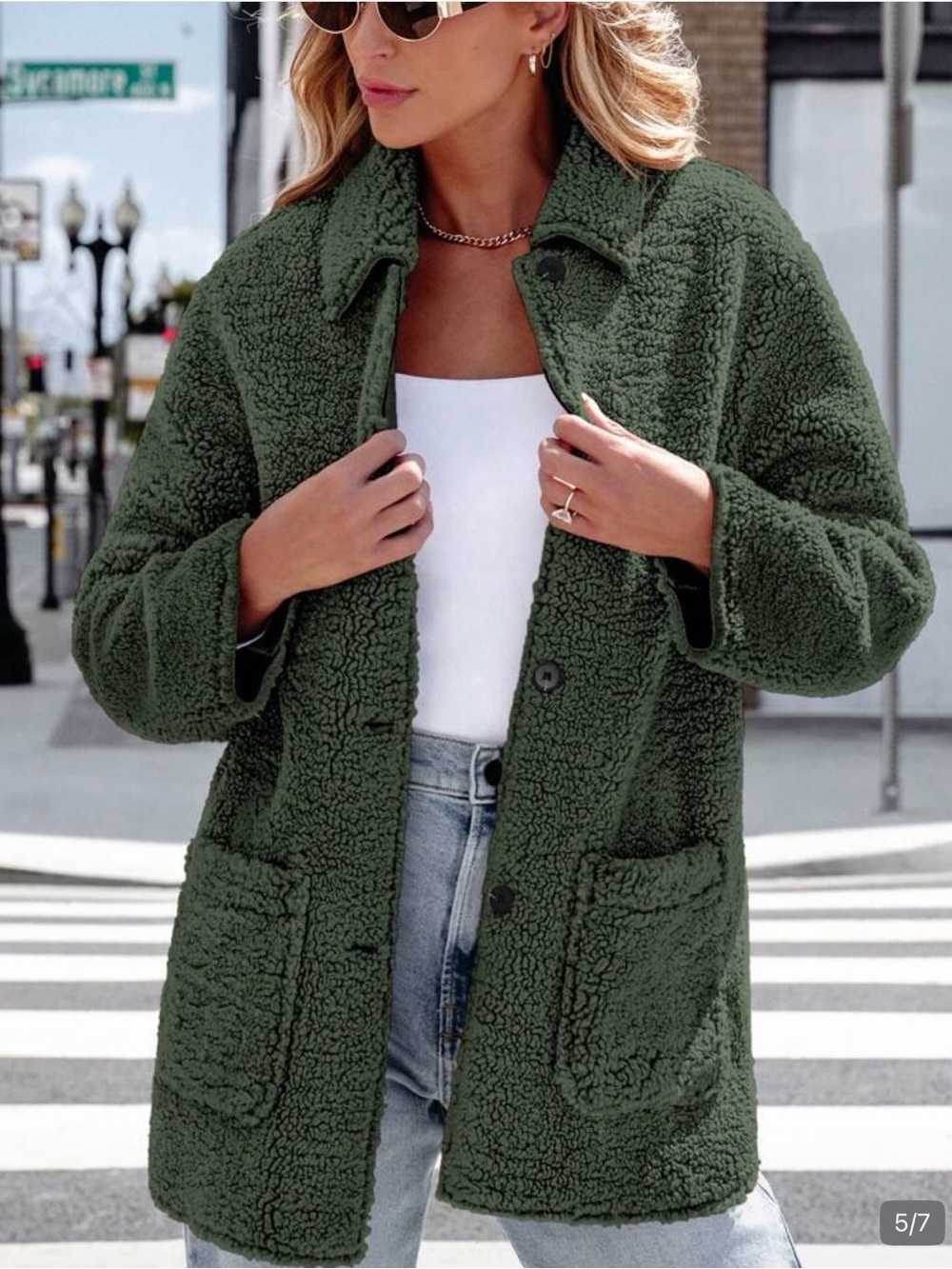 Olive Green Teddy Sherpa Button-Front Coat